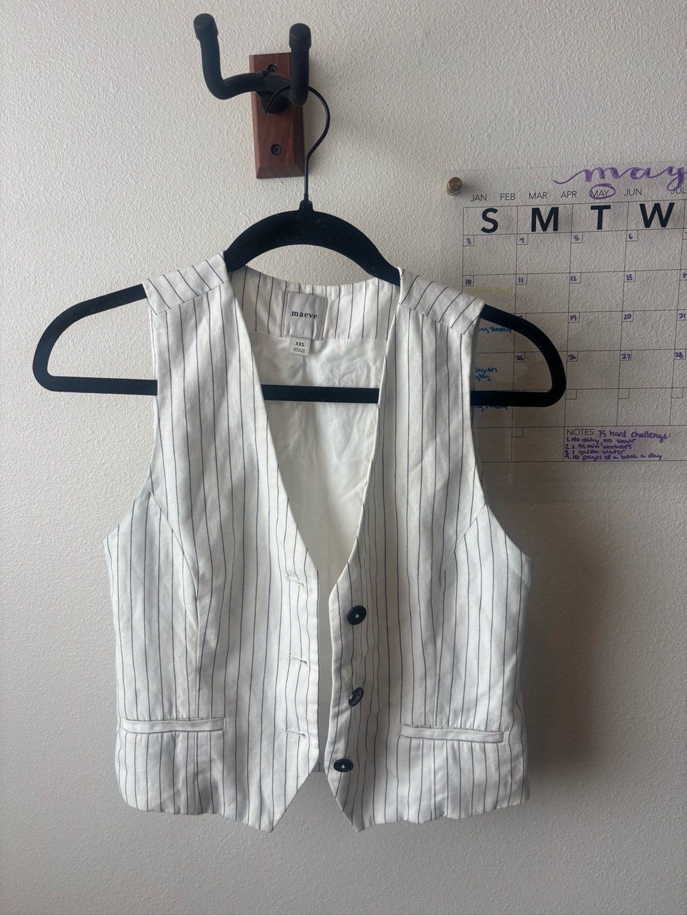 Maeve White Vest with Navy Pinstripes